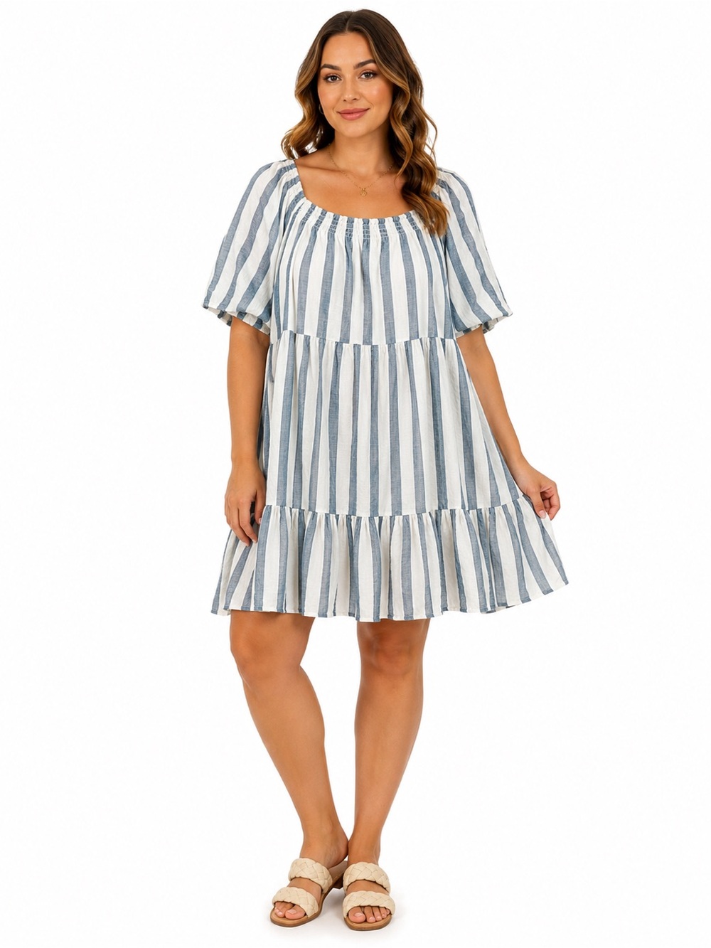 a.n.a Blue & White Striped Cotton Tiered Boho Dress XL